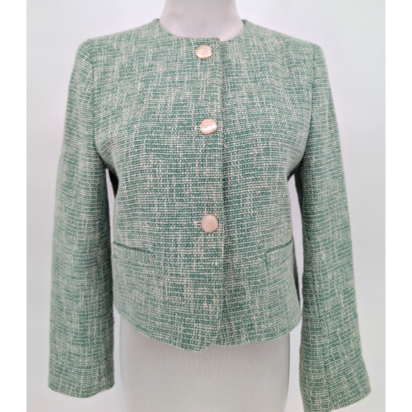 Zara Green Tweed Cropped Tailored Blazer Small Feminine Preppy Twee Classic - Picture 8 of 16